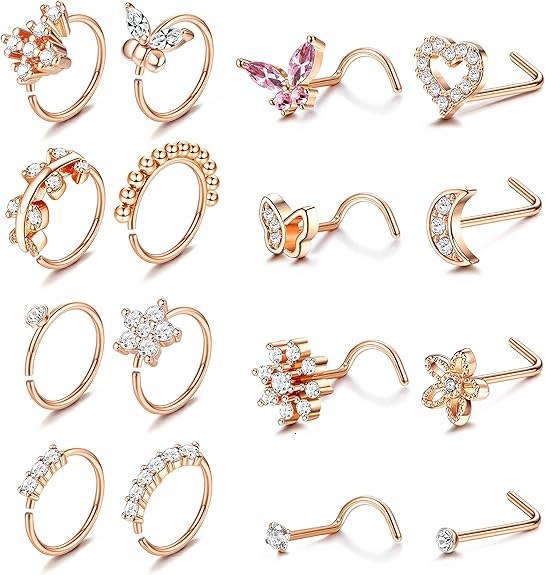 16Pcs 20G Flower Butterfly Nose Rings HoopsInlaid Shiny Zircon Nose Screw Nose Body Piercing Jewelry Decoration 250909