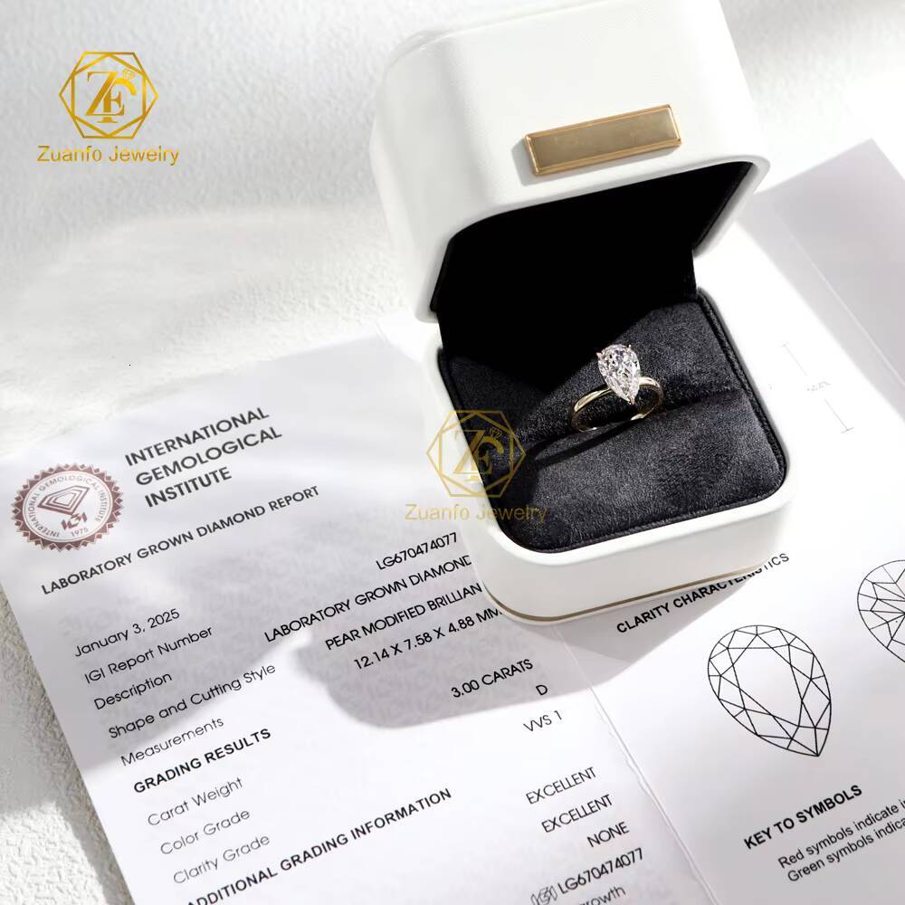 Custom IGI Certified CVD Diamonds Pear Cut 1ct 2ct 3ct DEF Lab Grown Diamond Ring 14K 18K Real Gold Promise Wedding Ring