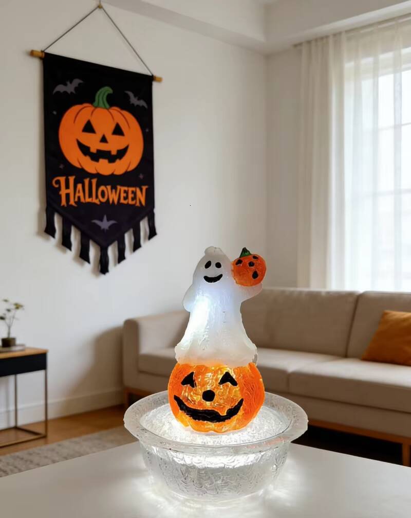 USB Powered Transparent Resin Desktop Fountain Halloween Pumpkin Lantern for Home Party Decoration