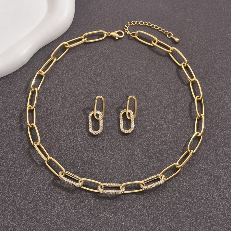 Jewelry Set Gold Tone Double Link Chain Necklace And Earring Set With Cubic Zirconia For Women Trendy Minimalist Versatile Accessory