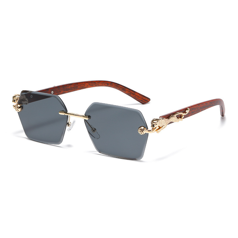 Luxury Brand Designer Sunglasses Frameless Polygonal Leopard Wood Grain Temple Sunglasses European And American Retro Sunglasses Ins Internet Celebrit