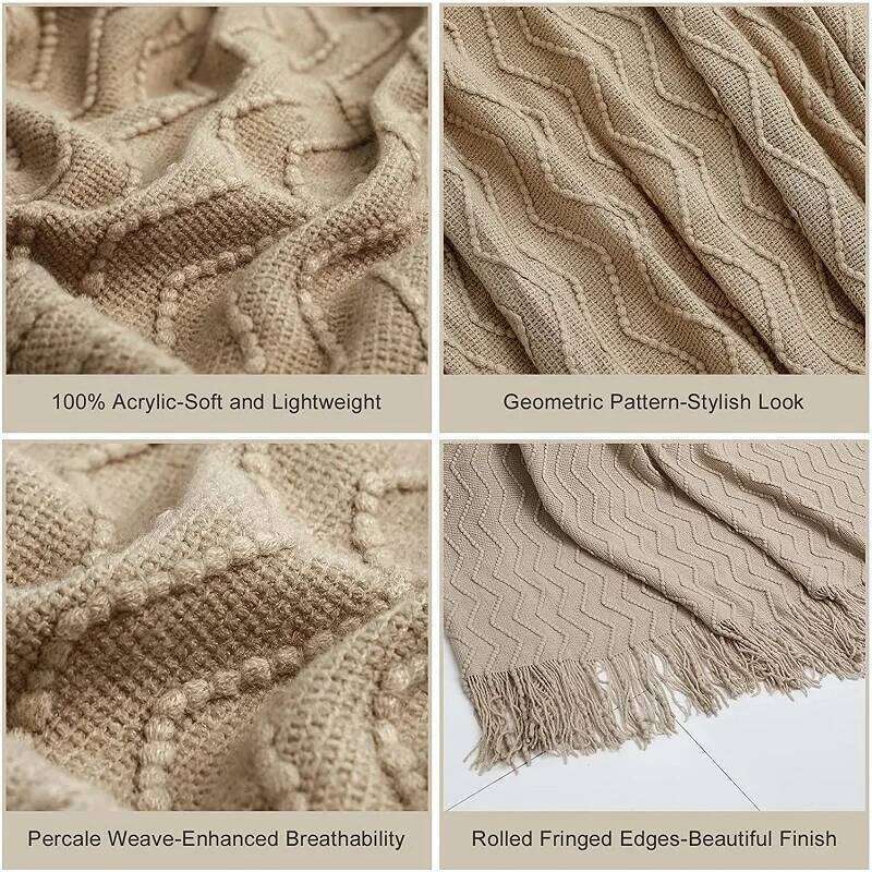 Gift Khaki Wave Blankets Textured Solid Soft Sofa Couch Cover Decorative Cozy Knitted Blanket with tassels W260120