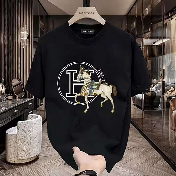 2024 Summer New Short Sleeve Men's T-Shirt Print Gold Cool Long Staple Cotton Low-Key Luxury