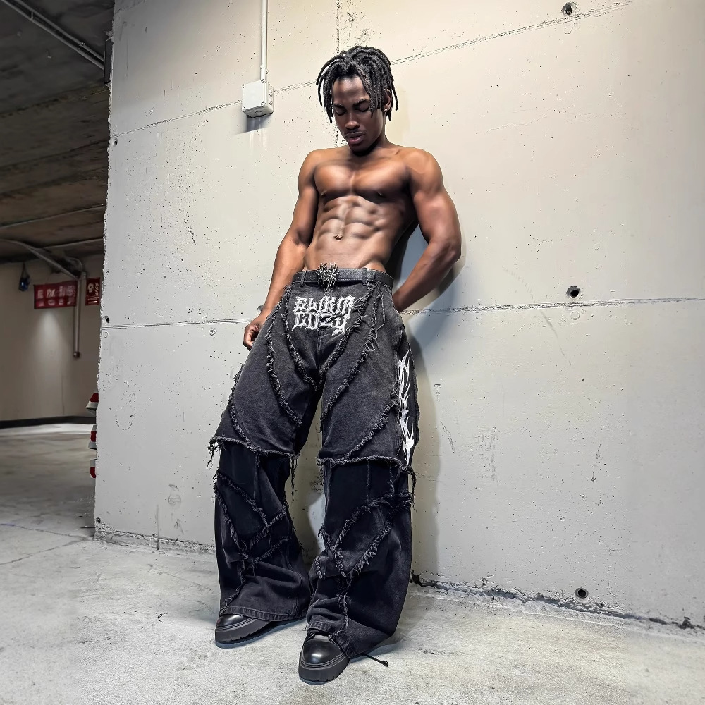 American Y2K Street Style Cozy Zipper Patchwork Detachable Loose Black Jeans Mid-Length Pants