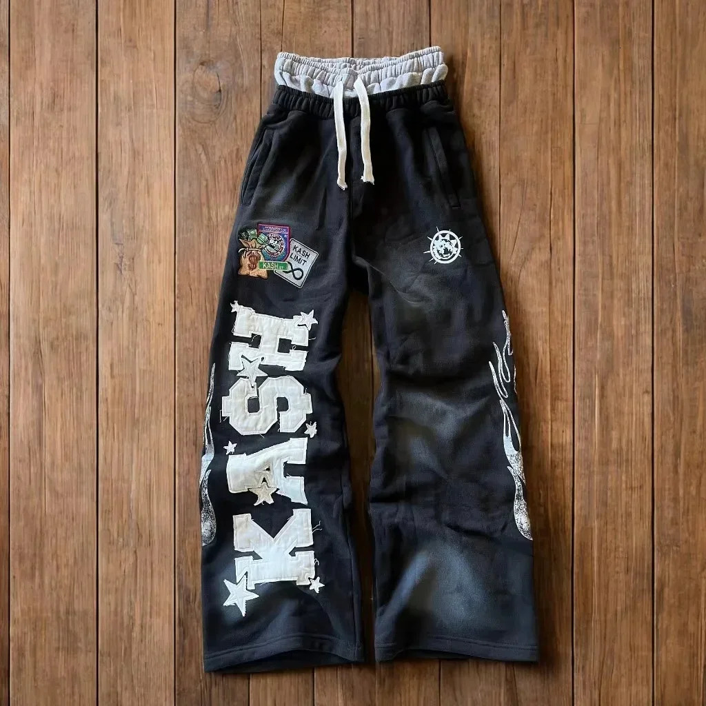 Mens Y2K Gothic Hip Hop Sweatpants American Style Letter Patch Retro Double Layer Baggy Elastic Waist Jogging Casual Pants 260109