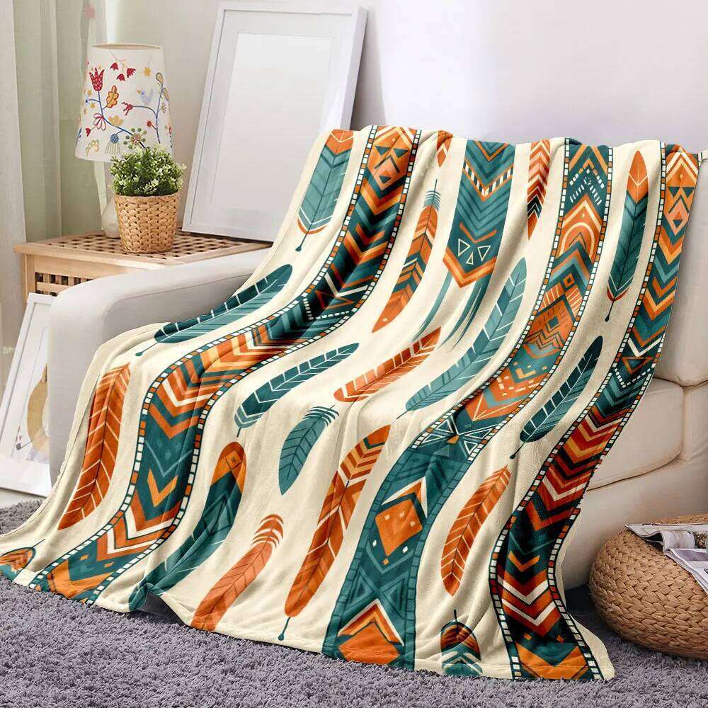 Tribal Pattern Throw Blanket - Intricate Feather & Geometric Art, Light Off-White Background, Symmetrical Design for Textiles W260120