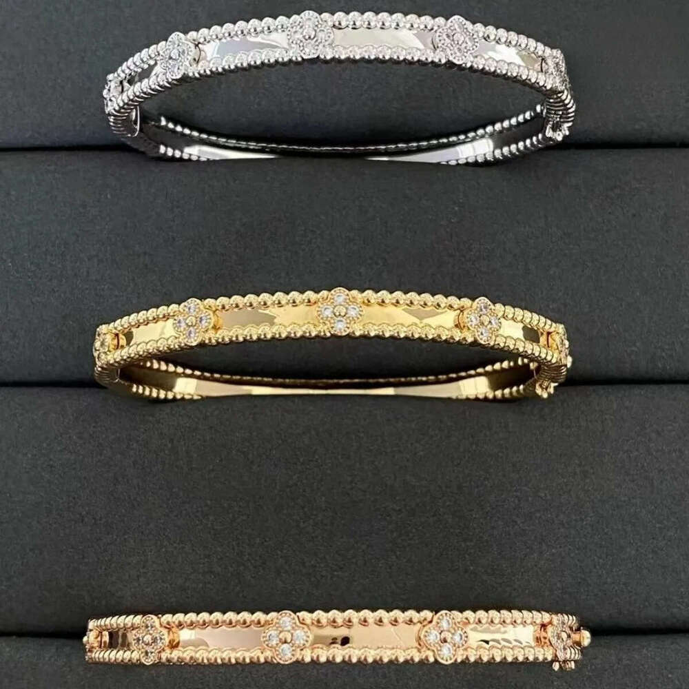 Fine Craftsmanship Kaleidoscope 18k Rose Gold Wide Narrow Version Four-leaf Clover Flower Full of Star Bracelet Designer Jewelry