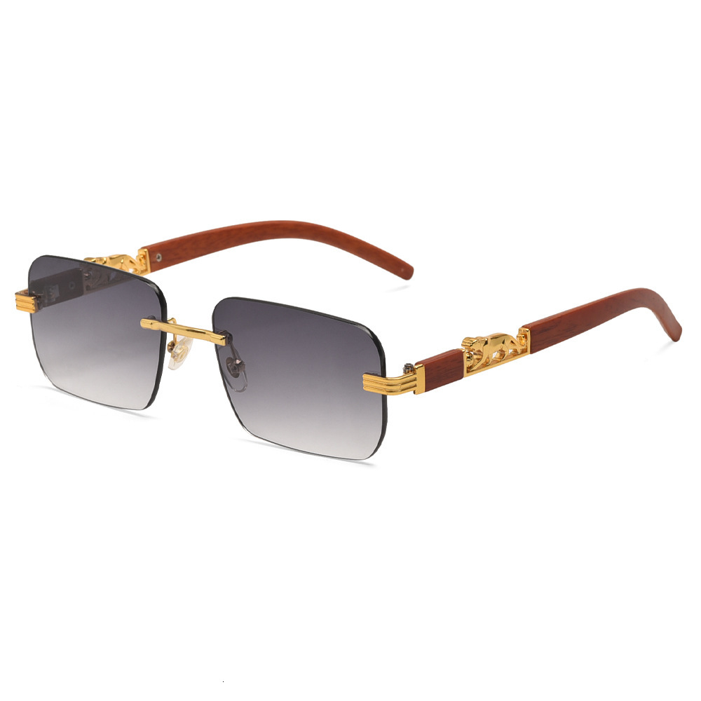 Luxury Brand Designer Sunglasses New Frameless Design Square Sunglasses For Women With Wood Grain Legs And Leopard Head Trendy Driving Sunglasses For 