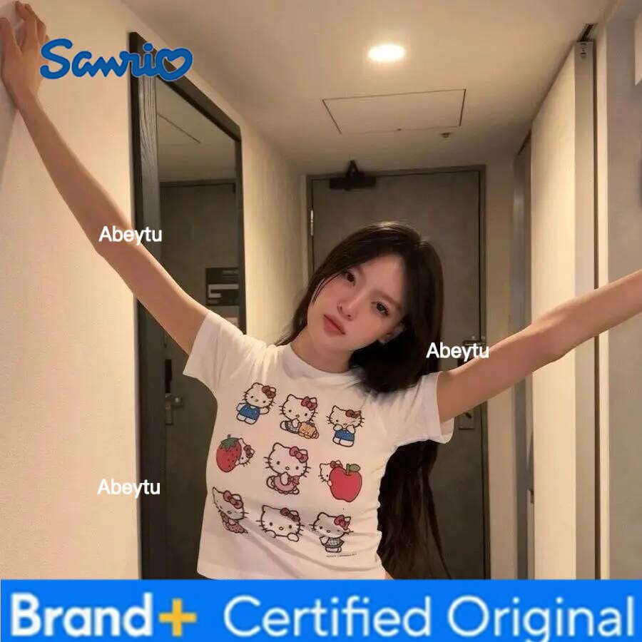 Sanrio Y2K Kawaii Anime Hello Kitty Women White T-Shirt Summer Cotton Cartoon Printing Short Sleeve Trend Crop Tops Girl Gift Clothes H260120
