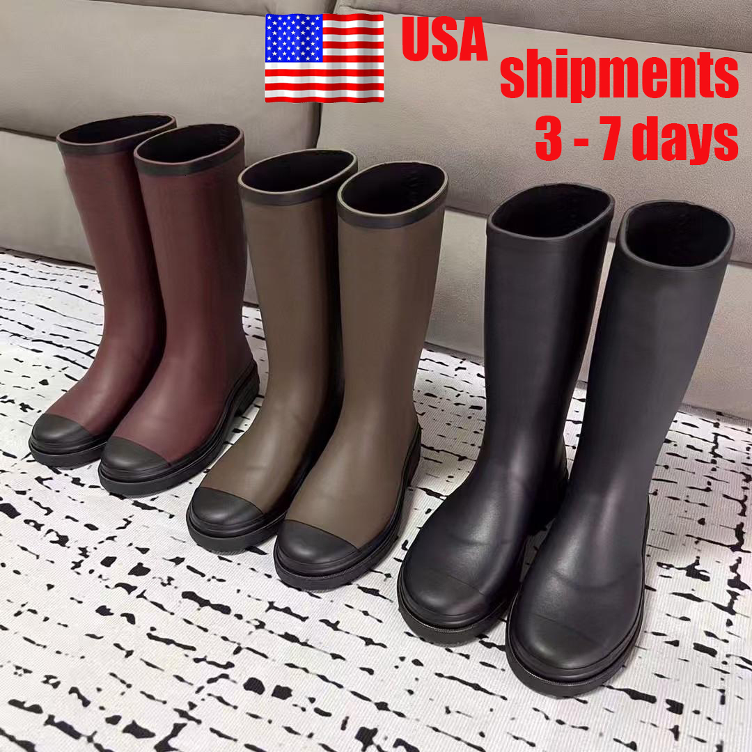 Designer boots brand square toe Women Rainboot Thick Heel Thicks Sole Ankle over the knee Women's Rubber Boot good are quality Rain boots green bright black