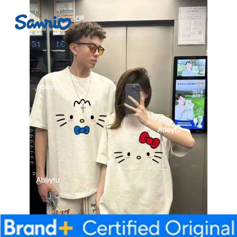 Sanrio MINISO 2025 Summer New Cute Hello Kitty Short Sleeve T-shirt Loose Breathable Couple's Wear Cotton Comfortable H260120