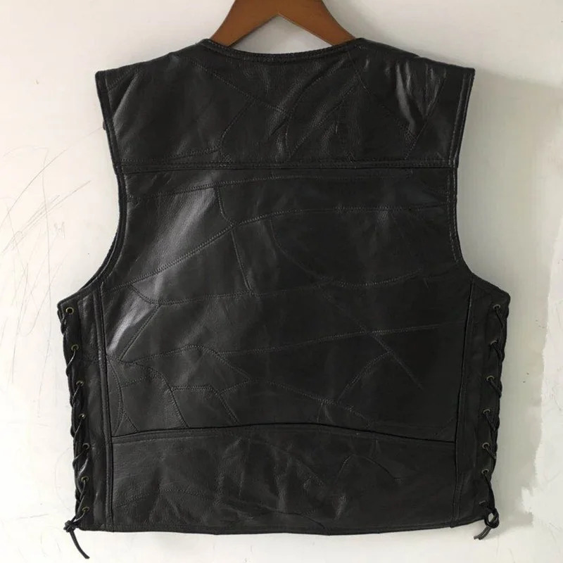 Mens Side Laces Adjustable Black Leather Motorcycle Vest Biker Vests Soft Sheepskin 260109