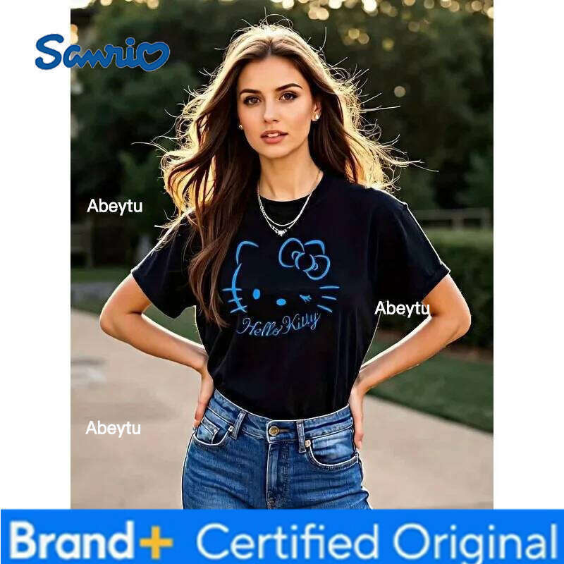 Sanrio Hello Women's Adorable Cat Print Kitty Face Design Comfortable Crew Neck Short Sleeve Casual T-Shirt H260120