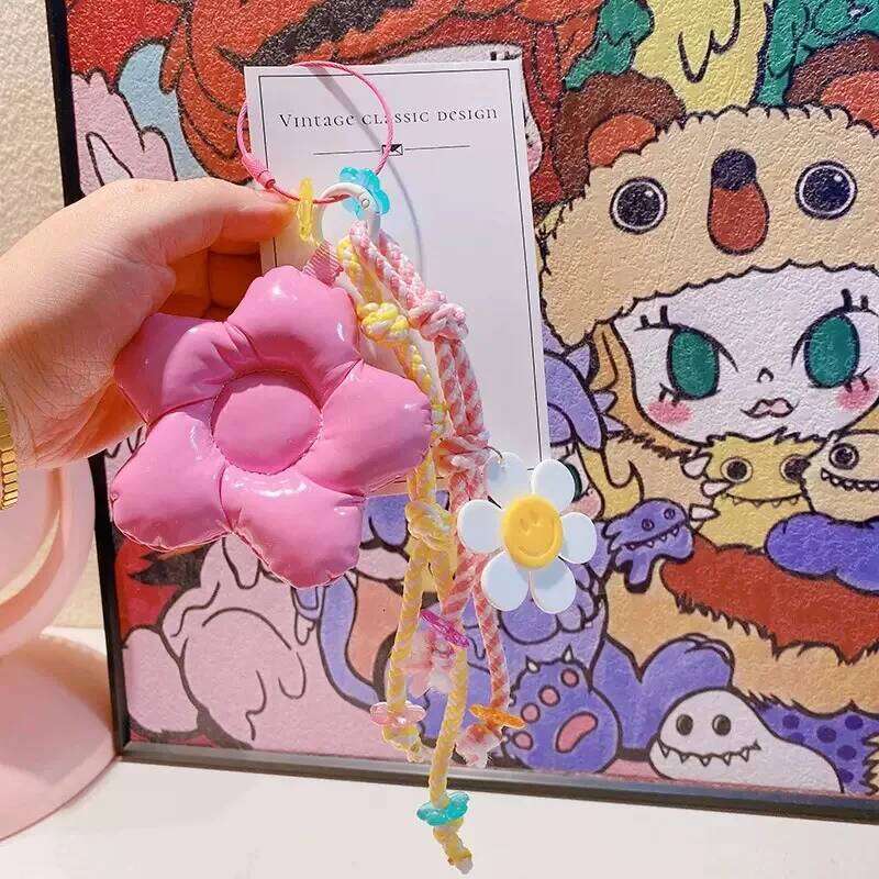 Handmade Macaron Big Flower Keychain Sweet Pendant Nylon Braided Rope Fashionable Charm Colorful Bag Pendants H260120