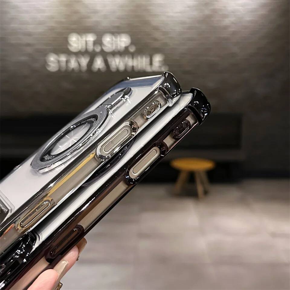 Magsafe Wireless Charging Case For iPhone 17 Max Air 14 15 Plus 13 12 16 Pro Transparent Plating Ring Holder Phone Cover