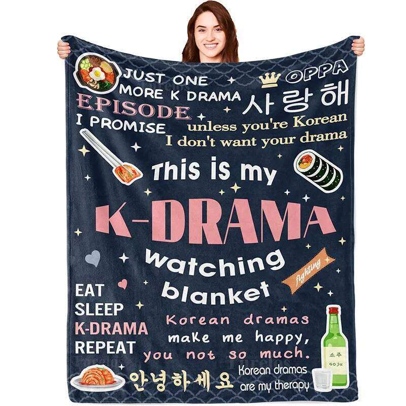 K-Drama Watching Korean Drama Quote &Food Pattern Cozy Warm Soft Flannel Throw Blanket Sofa Bed Couch for Home Decor W260120