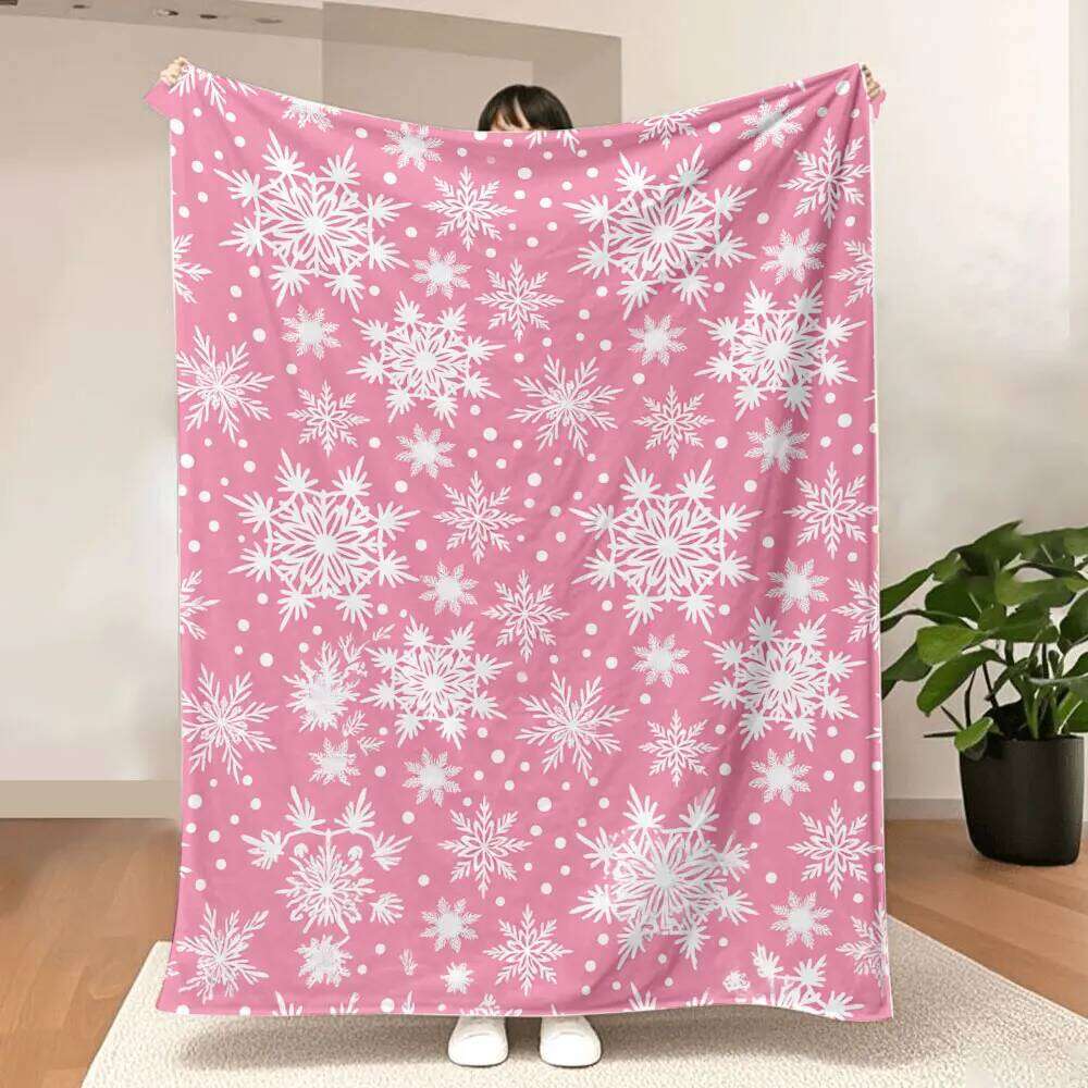 Pink Winter Snowflake Blanket - Soft Cosy Printed Throw with White Snowflakes & Dots, Festive Whimsical Design for Seasonal D W260120