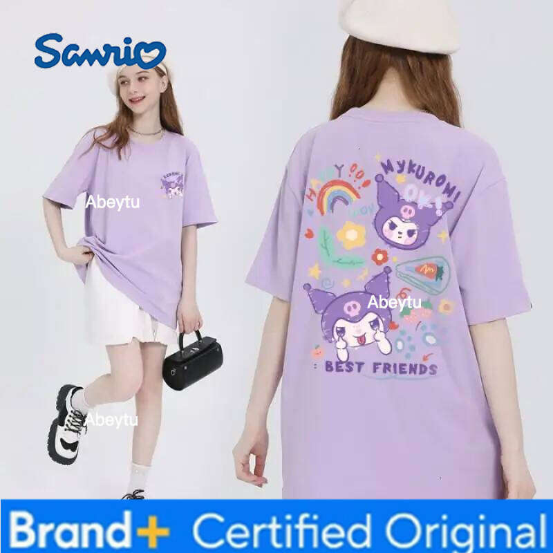 Sanrio Anime My Melody Cinnamoroll Kuromi Short-Sleeved T-Shirt 100% Cotton Summer Cartoon New Round Neck Loose Half-Sleeve H260120