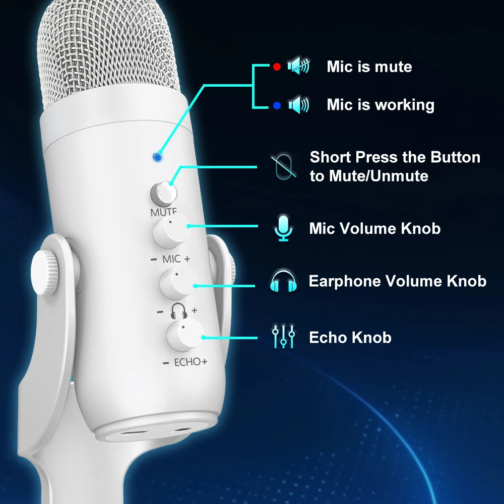 Professional White USB Condenser Microphone Studio Recording Mic for PC Computer Phone Gaming Streaming Podcast Vocals 251215