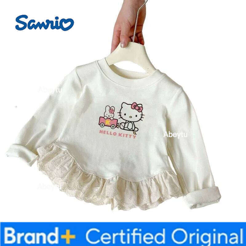 Sanrio Hello Kitty Long Sleeve T Shirt Pure Cotton for Girls Undershirt Spring New Cartoon Print Lace Trim Fashionable Pullover H260120