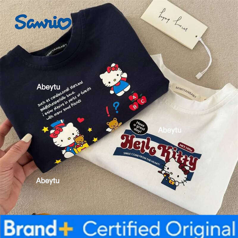 Sanrio Summer Teen Cotton T-shirt Hello Kitty Print Top Kids Clothes Sport Fashion Tshirt Baby Boys Girls Cute Short Sleeve Kid Wear H260120