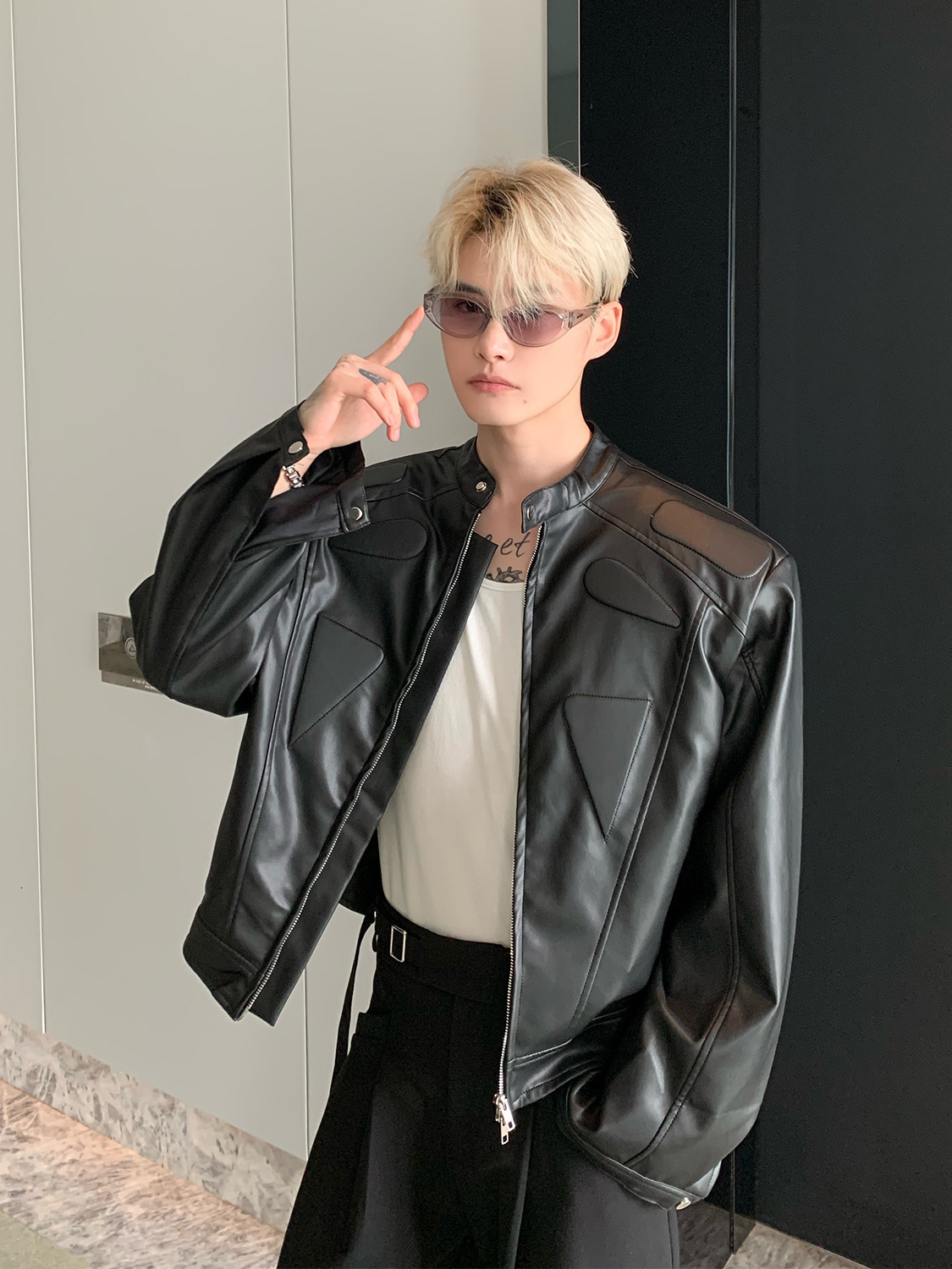 Y2k Vintage Reaven Anthem Leather Jacket Black Loose Geometry Pattern Embroidery Bomber Zip Up Jackets Coat Punk Men Clothing 250219