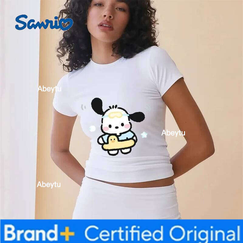 Sanrio 2024 New Summer Women HelloKitt pochacco Printed Round neck slim fit versatile Y2K top H260120