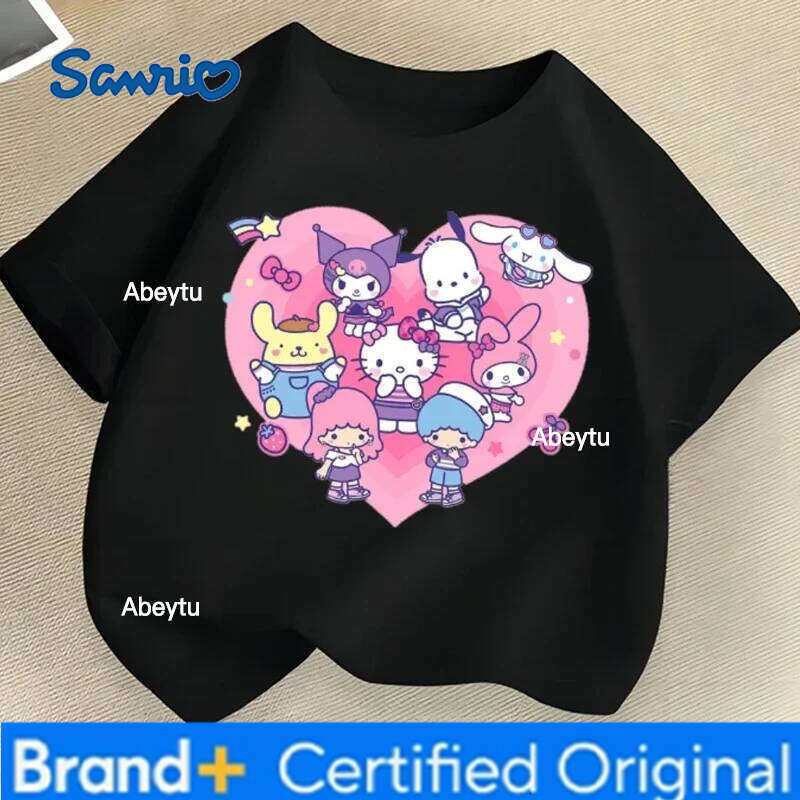 Sanrio Summer Children's Short Sleeve Cartoon Cotton T-shirt Kuromi Family Lovely Printing Girls Trend Fashion Pullover Tops Tee H260120