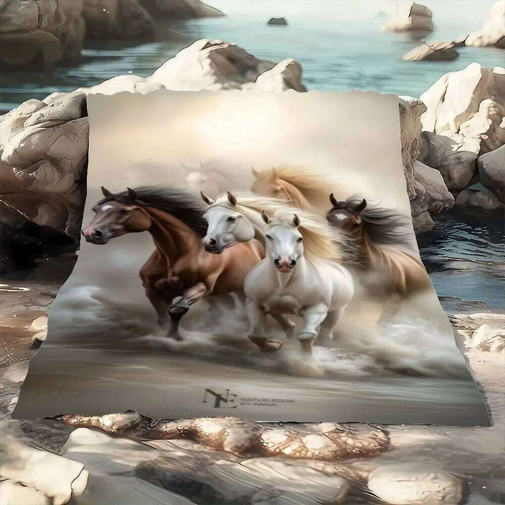 Ethereal Galloping Horses Blanket - Dreamy Water-Infused Environment Design with Five Majestic Horses, Featuring a White Horse w W260120