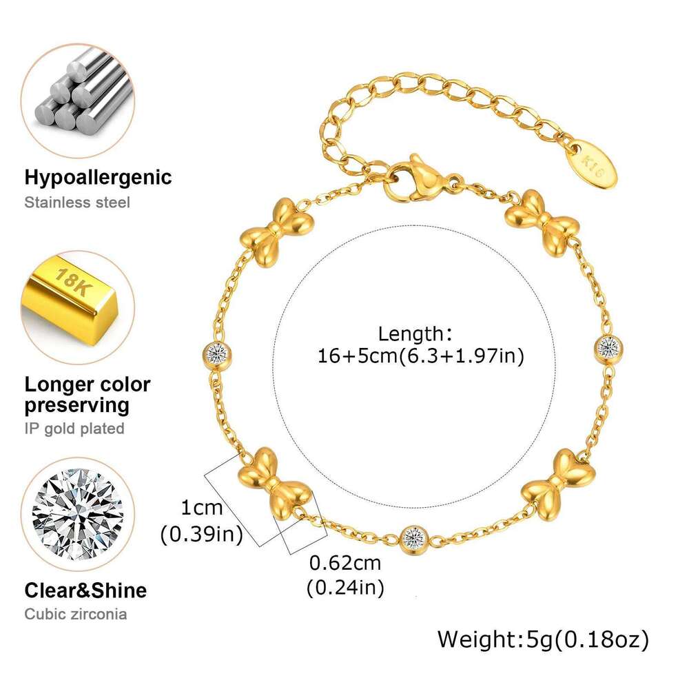 Exquisite Zircon Bowknot Stainless Steel Bracelet 18K Gold Plated Wrist Chain Fashion Party Waterproof Jewelry for Women Girl 26H0121