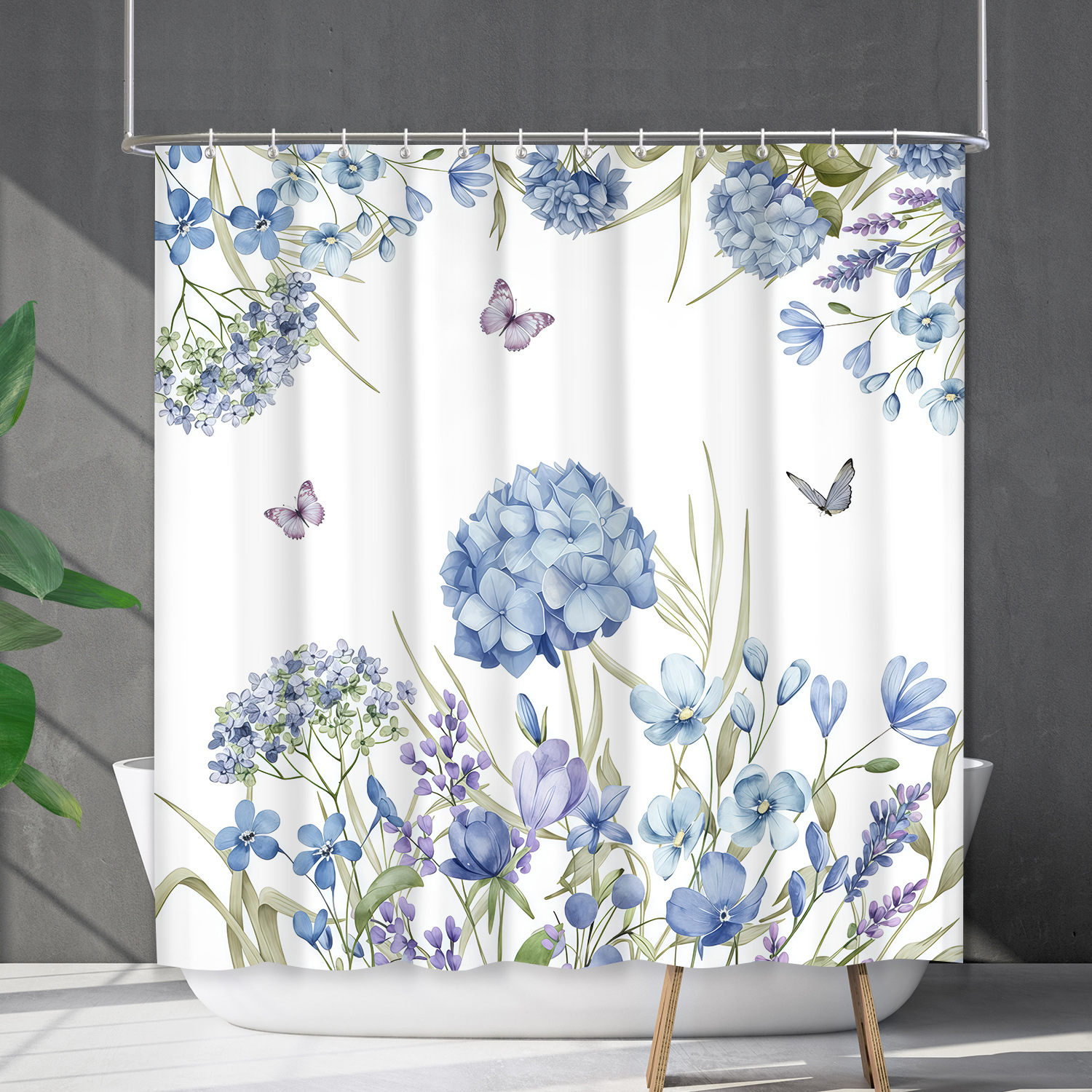 YL-38202 Waterproof Shower Curtain Set with Floral and Plant Designs, Shower Coverage, No Drill Required