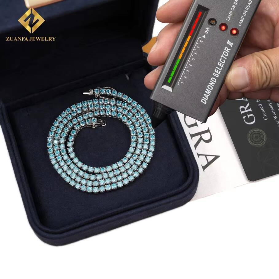 Hip Hop Jewelry New Colored Iced Out Vvs Moissanite 3mm 4mm Tennis Chain Blue Diamonds 925 Sterling Silver