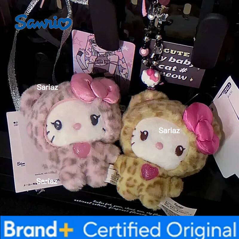 Sanrio Leopard Print Bear Hello Kitty Keychain Kuromi Cinnamoroll Bag Pendant My Melody Plush Doll Toys Decoration Gift for Girl H260121
