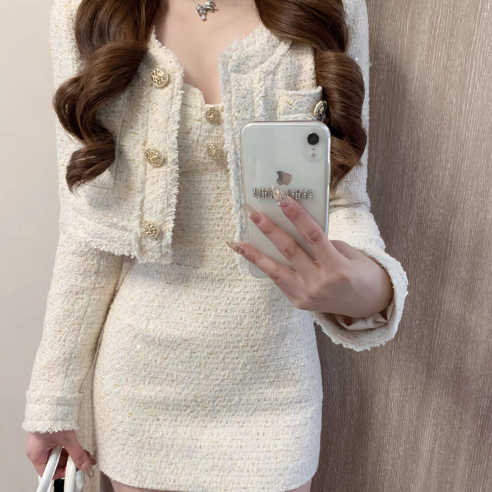 Clothing Ladies Autumn Elegant Socialite Tweed Jacket and Bodycon Slip Dress Two-Piece Set for Women White Coat Free Shipping