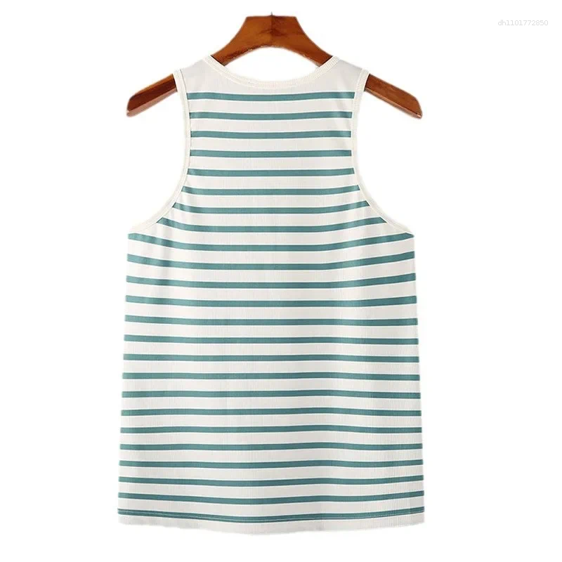 Men's Tank Tops Striped Vest For Spring And Summer A Stretchy Form-fitting T-shirt Fashionable Suspender With Metal Buttons