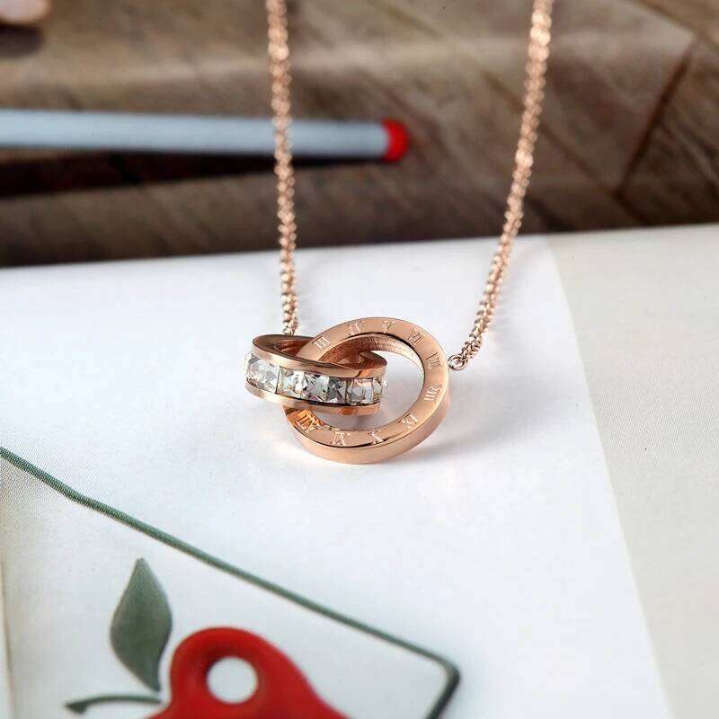 New A Circle Crystal Roman Numerals Double Buckle Pendant Woman Female Titanium Steel Gold Color Clavicle Necklace Jewelry