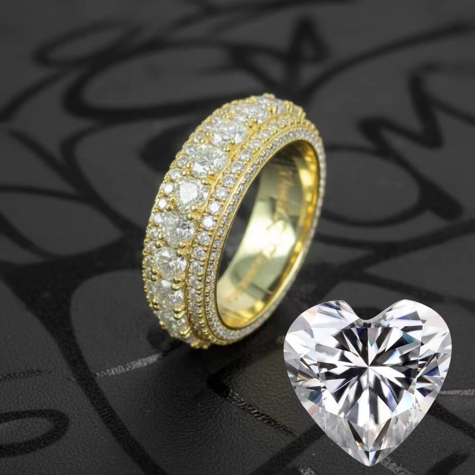 Heart Moissanite D Color Iced Out 18K Gold Plated 925 Silver VVS GRA 5 Rows Rapper Dazzling Sparkly Eternity Band Ring for Men