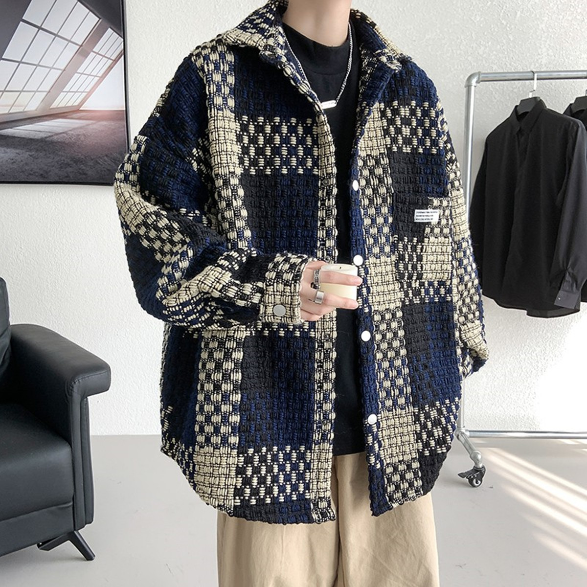 Free Shipping 2026 New Design Mens Plaid Coat Spring Fall Best Seller Loose Trendy Casual Handsome Versatile Jacket Blue Black
