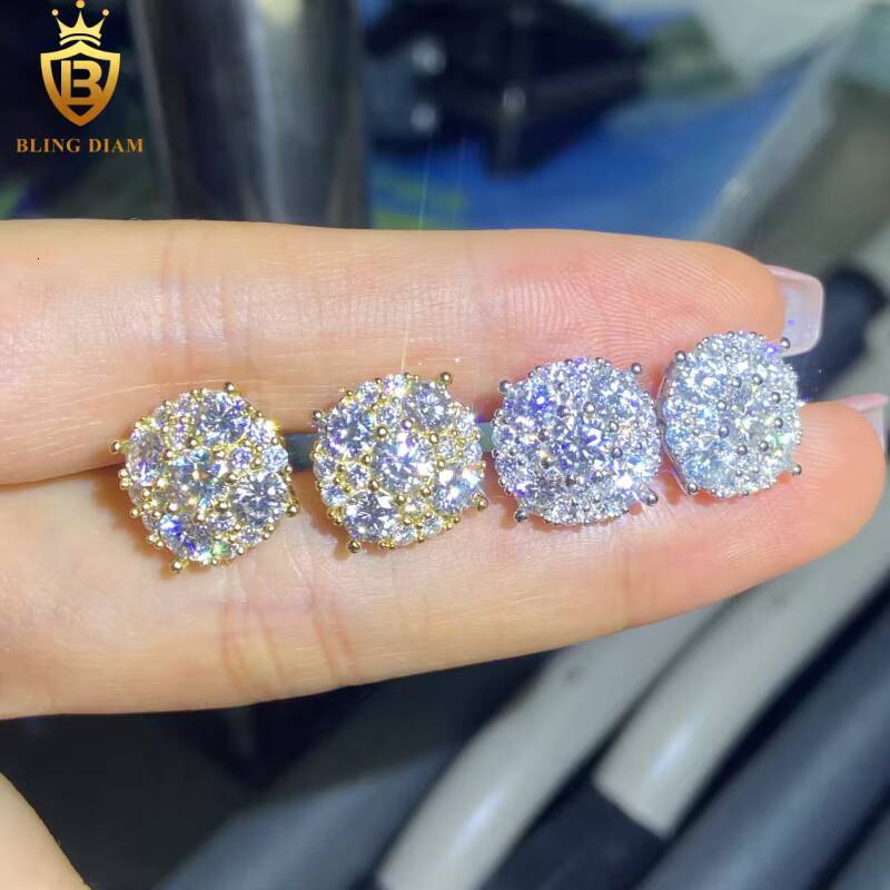 Hot Sale Fashion HipHop Moissanite Stud Earrings 12MM Moissanite Earrings Past Diamond Test Moissanite 925 Silver Earrings Mens