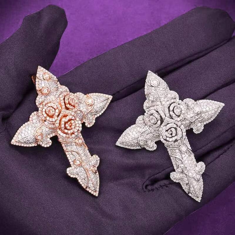 GRA D Color Moissanite Iced Out Mens Fine Cluster Flower Rose Cross Pendant With 925 Sterling Silver Pass Diamond Tester