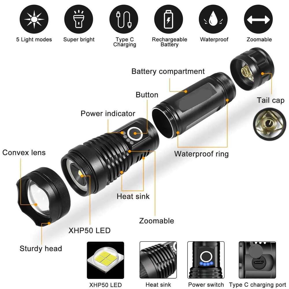 Super Bright Flashlight With Power Display 5 Light Modes Portable Telescopic Zoom Rechargeable Torch IP46 Waterproof For Outdoor Z260121