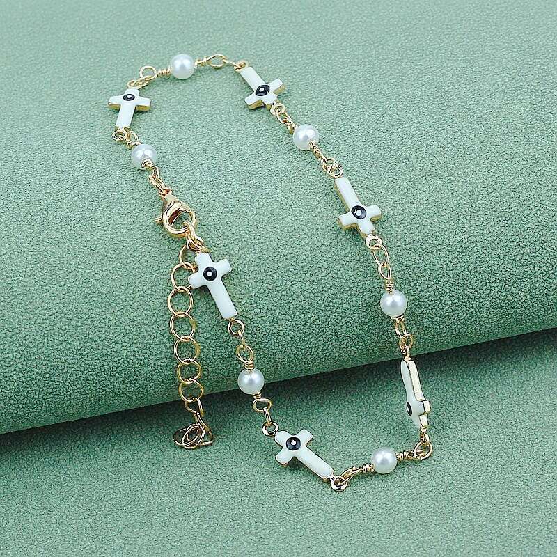 Women's Gold Plated Cross Bracelet Virgin Mary Medal Pearl Beaded Religious Jewelry Slave Bracelets Link