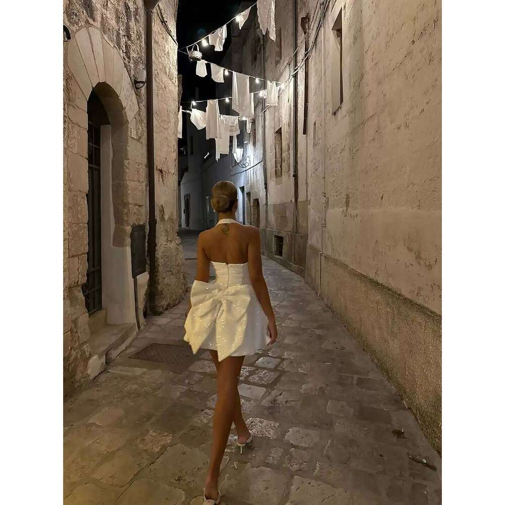 Sexy Sequin Halter Mini A-Line Dress Women Fashion Solid V-Neck Sleeveless Backless Bow Pleated Dresses Lady Party Evening Gown Mdng260121