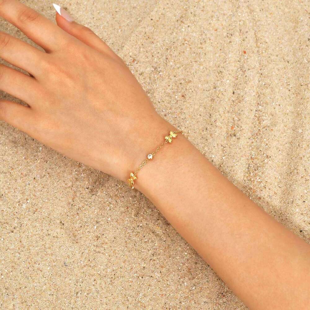 Exquisite Zircon Bowknot Stainless Steel Bracelet 18K Gold Plated Wrist Chain Fashion Party Waterproof Jewelry for Women Girl 26H0121