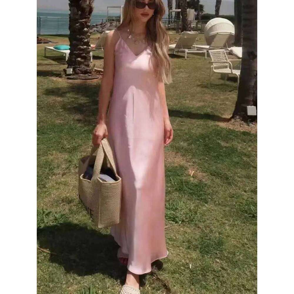 HH Summer Beach Holiday Midi For Women Trendy Solid Backless Sleeveless Slim V-Neck Back Zipper Party Sexy Sling Dress