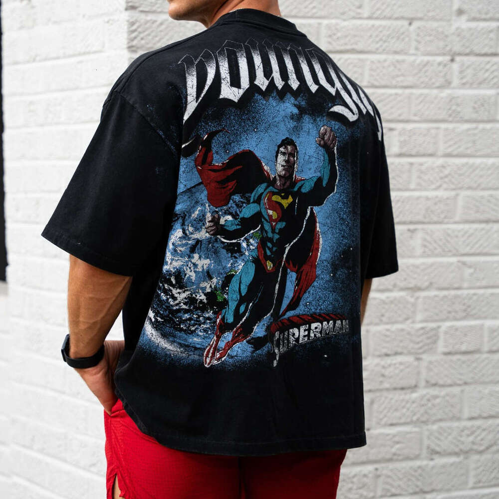 Superman American Style Trendy Plus Size Loose Fit Fitness Sports Heavy Cotton Printed Short Sleeve T-Shirt For Men