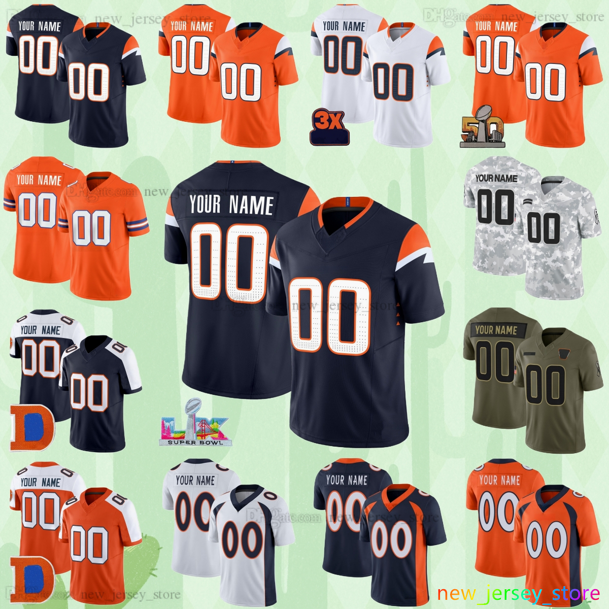 Custom S-6XL 2026 SuperBowl Football Jersey 10 Bo Nix 9 Talanoa Hufanga 21 Riley Moss 38 Jaleel McLaughlin 12 RJ Harvey 80 Rod Smith 94 DeMarcus Ware 13 Pat Bryant Jerseys