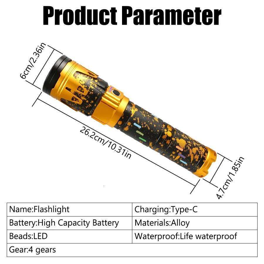 High Power Led Flashlight Super Bright Long Range Zoom Torch Type C Rechargeable Outdoor Tactical Hand Lamp Camping Lantern Z260121