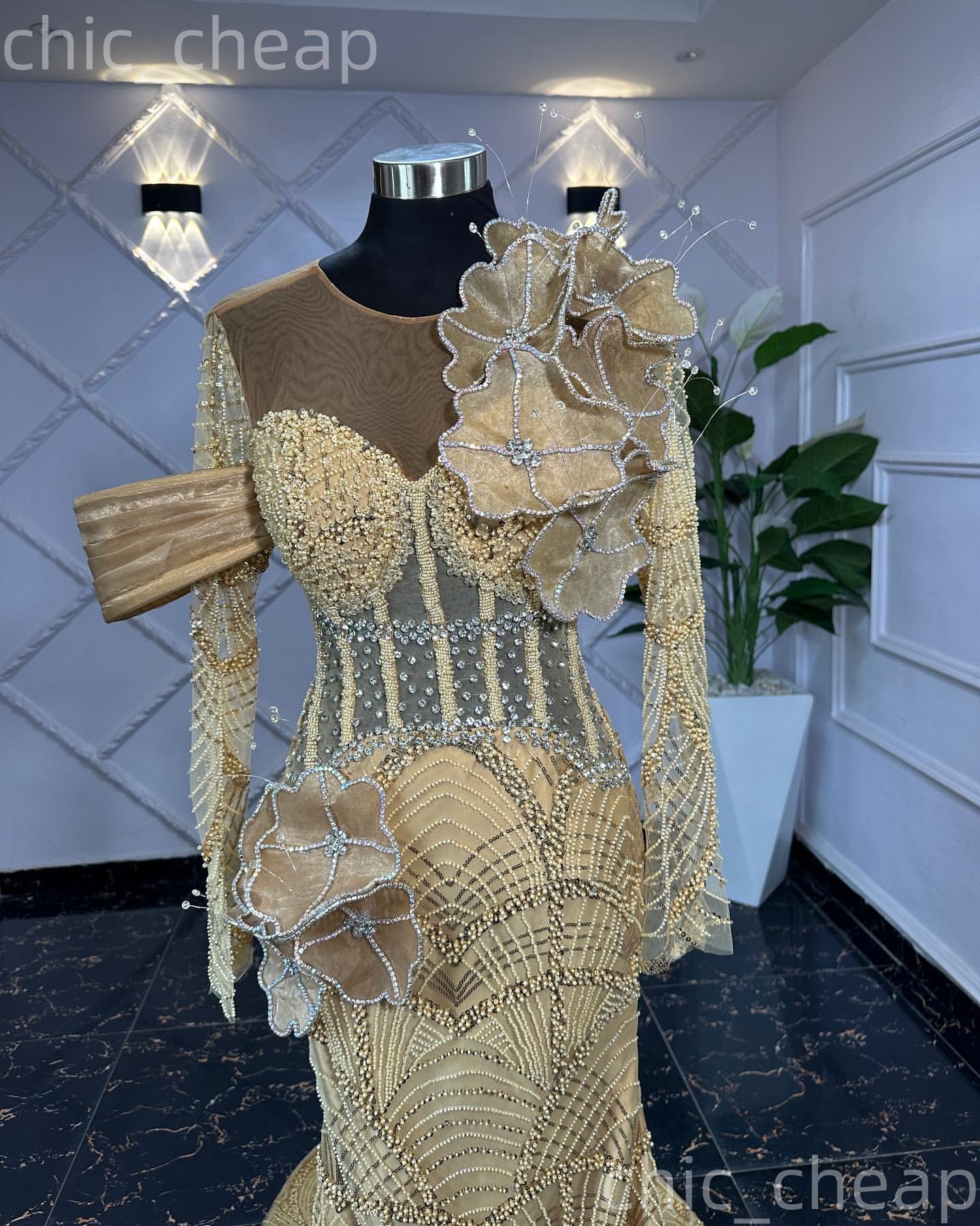 Aso Ebi Champagne Mermaid Prom Dresses 2026 Flowers Beaded Crystals Illusion Evening Formal Party Second Birthday Engagement Gowns Dress For Special O