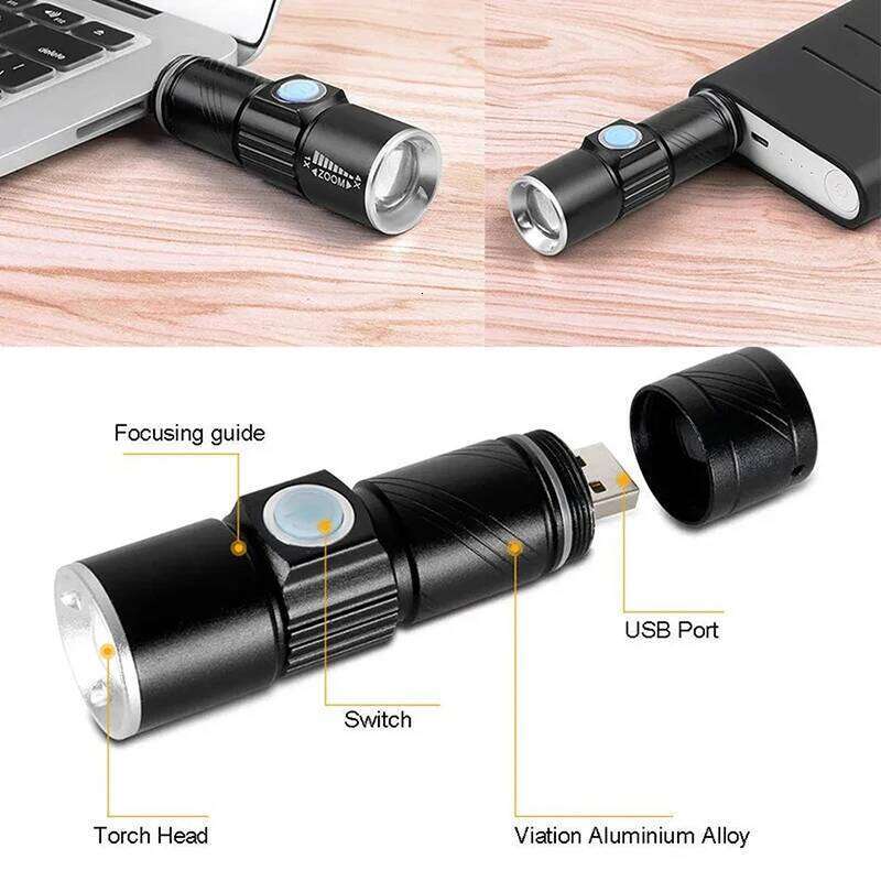 500LM Mini Aluminum Flashlight,USB Rechargeable Zoomable Torch, Waterproof Portable Pocket Light for Camping Hiking Emergency Z260121